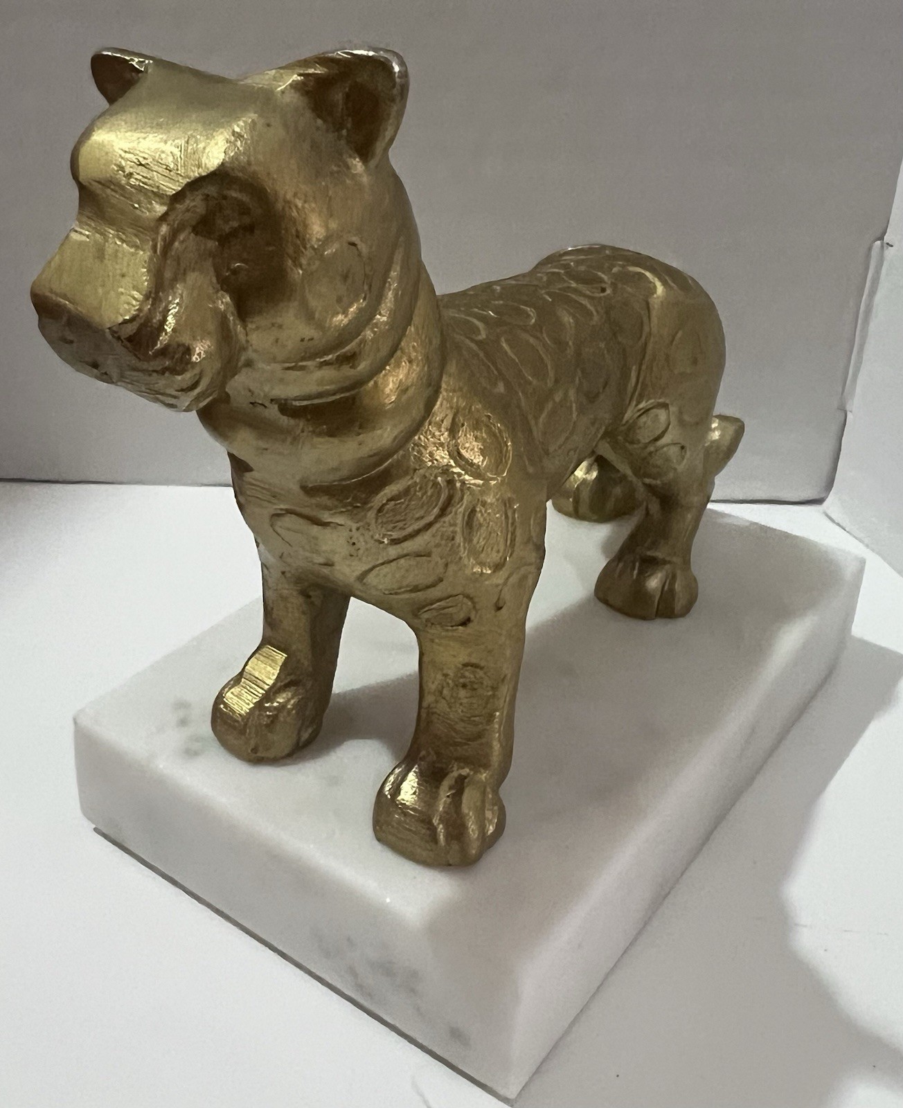 Gold Tone Metal Leopard Figurine on Marble Base, 7″ x 4.5″