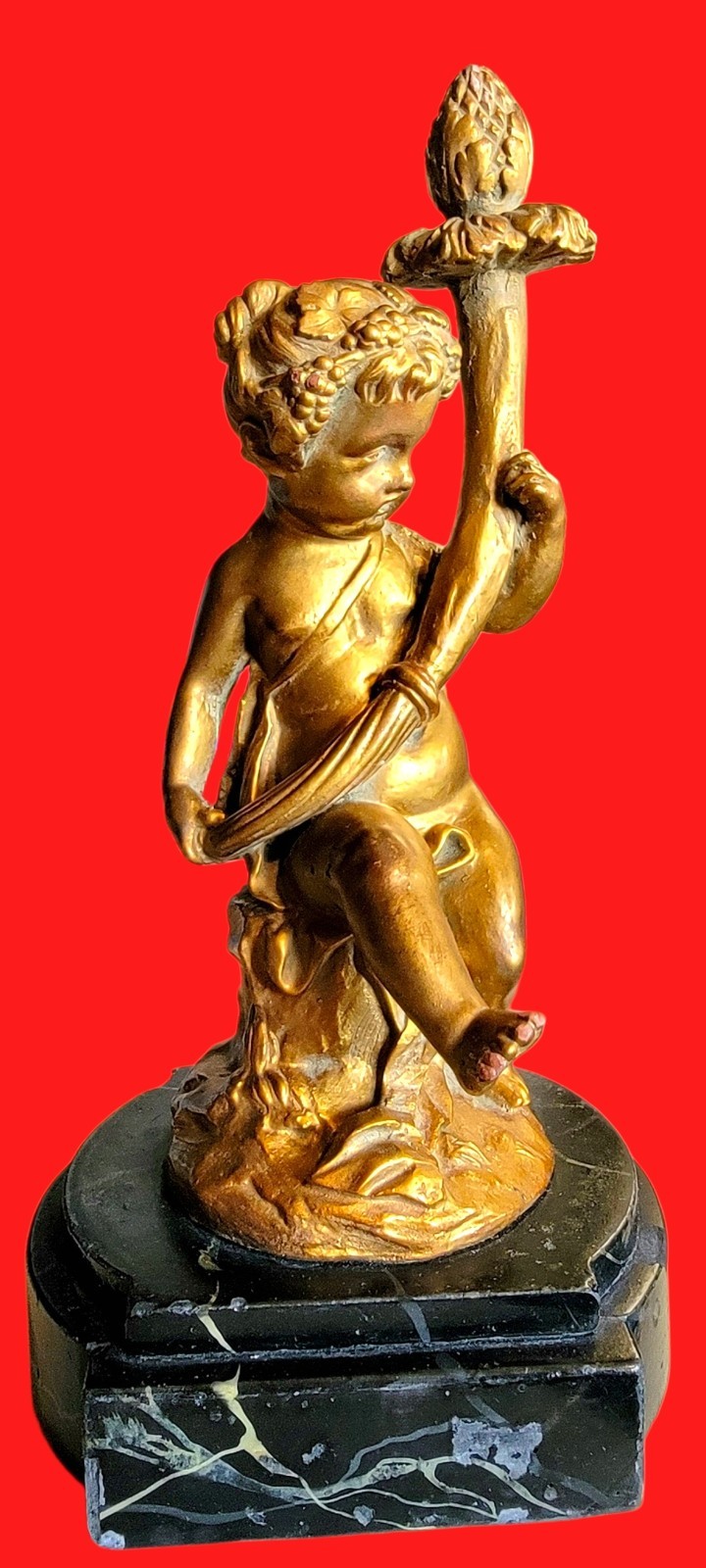 Antique Gold Gilded Bronze Putti Cherub Statue on Black Marble Plinth