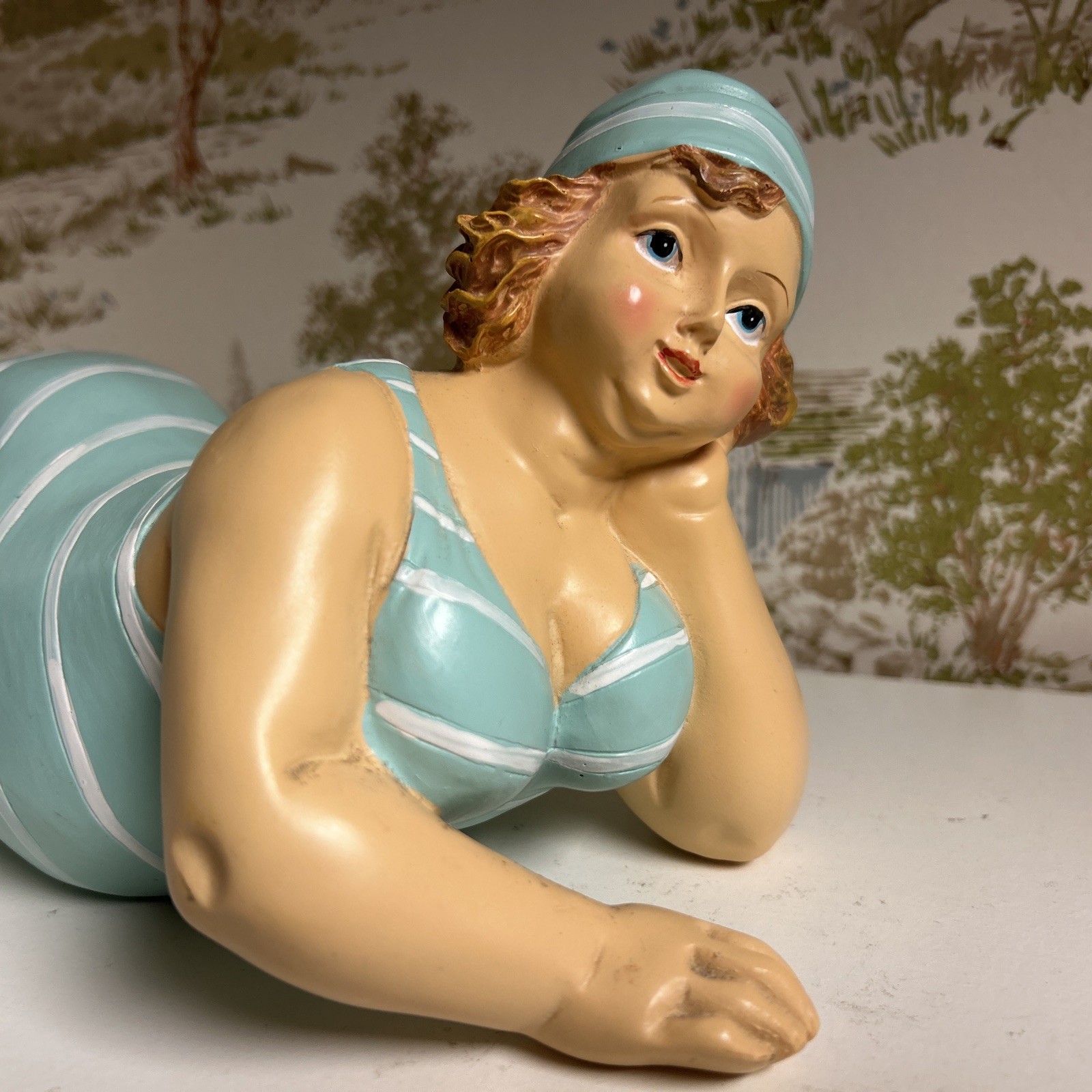 Figurine 14” Long “Bathing Beauty” Retro Swimsuit Curvy Robust Plump Lady