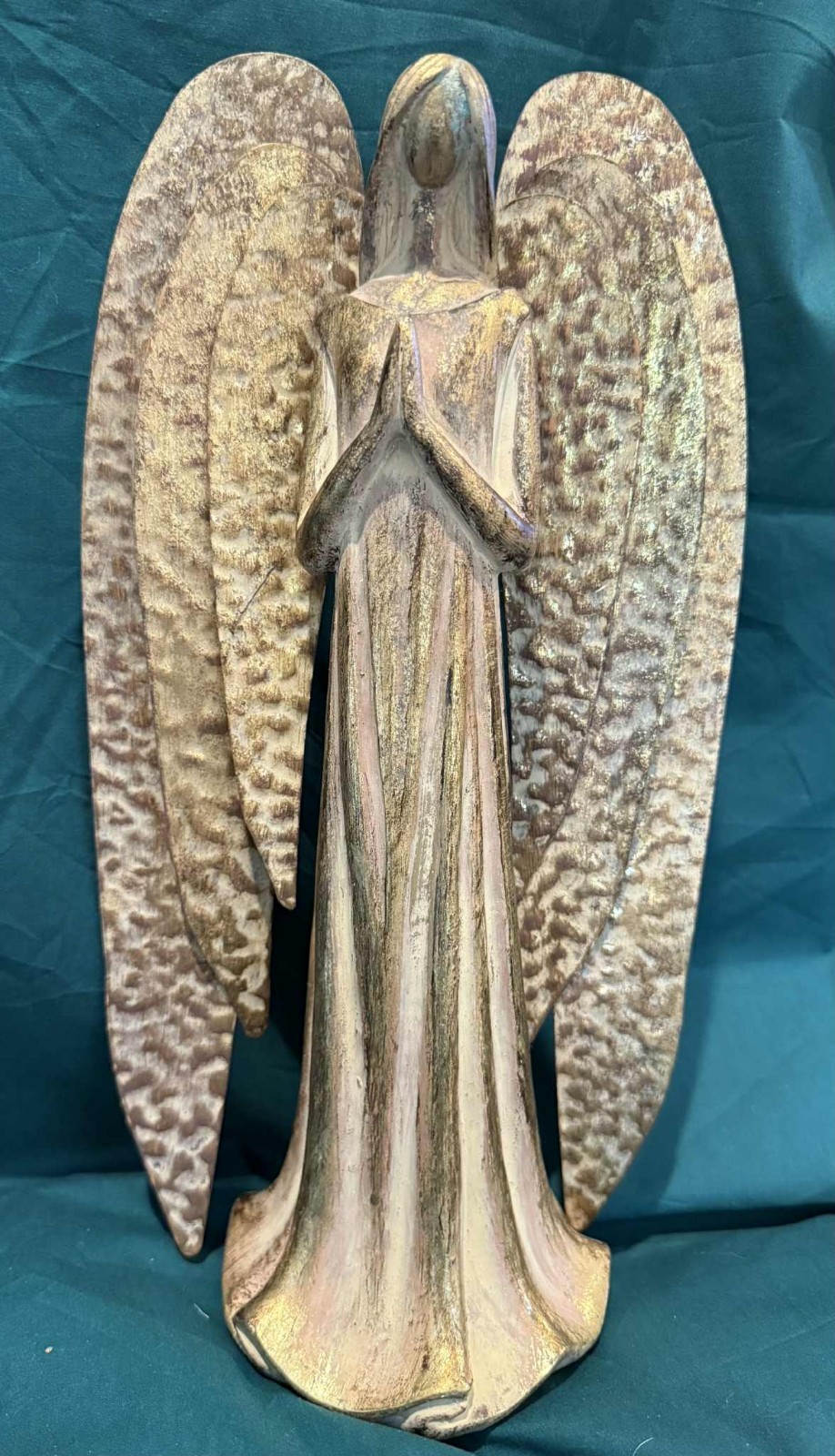 Vintage Ceramic Praying Angel With Metal Wings 12″