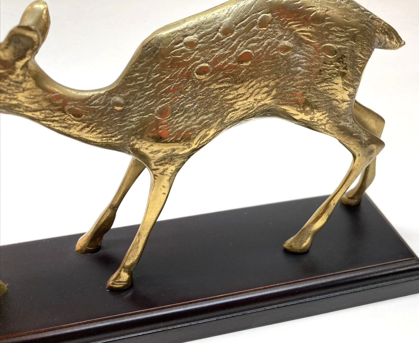 Solid Brass Buck and Doe Deer Figurines Mounted on Wood Base Vintage MCM Korea