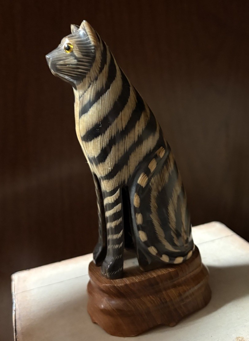Carved Wooden Striped Cat Figurine Made in Thailand 7 in Tall Brown Black Unique
