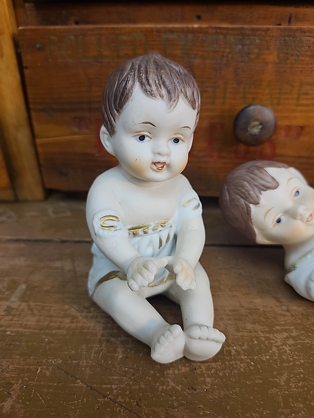 2 Vtg PIANO BABIES Blue-Eyed White & Gold Bisque Porcelain Piano Babies Boys