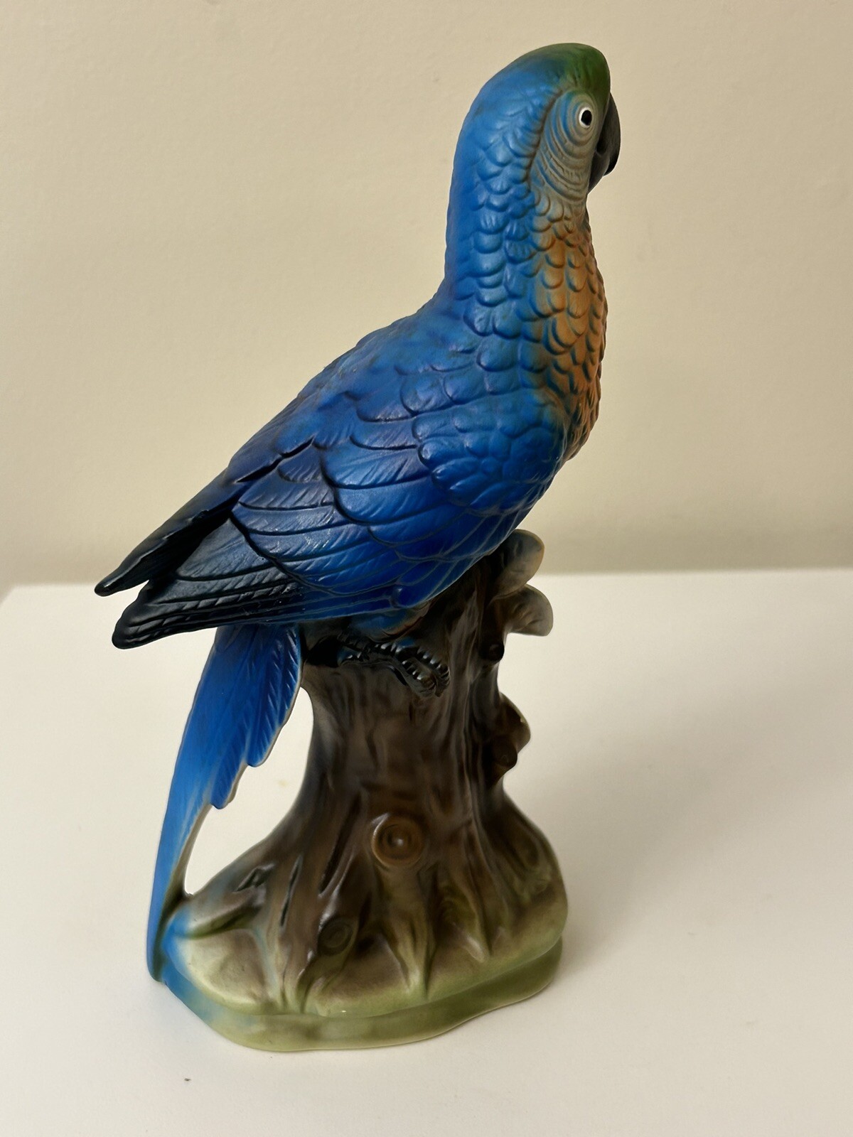 Stunning Vintage 8” Parrot Ceramic Green Blue Orange Bird Branch Figurine Japan