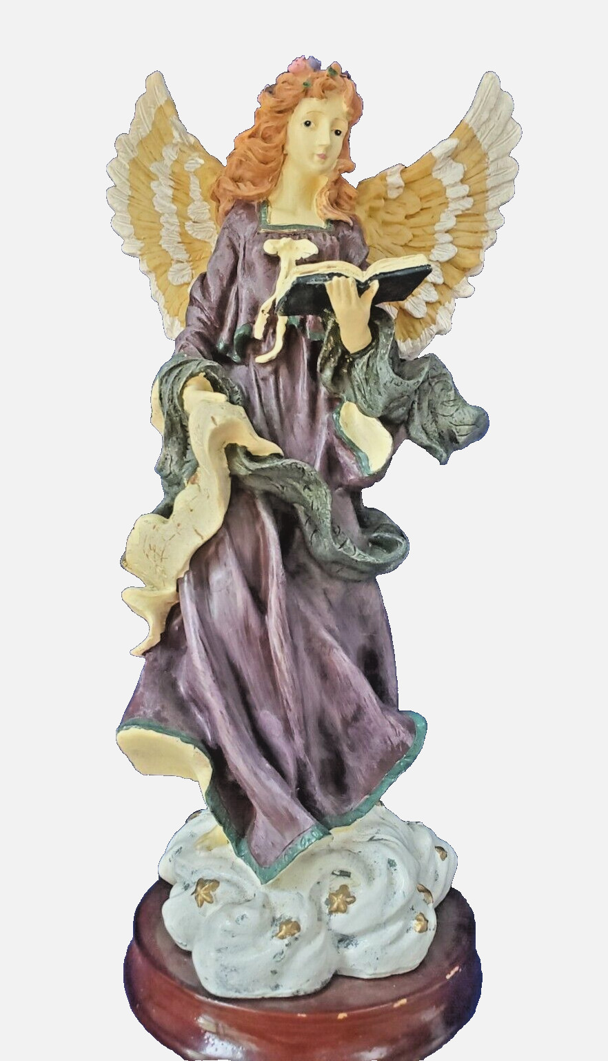 VTG Angel Figurine With Songbook Multicolor Cold Cast Resin Wood Base 11.25″