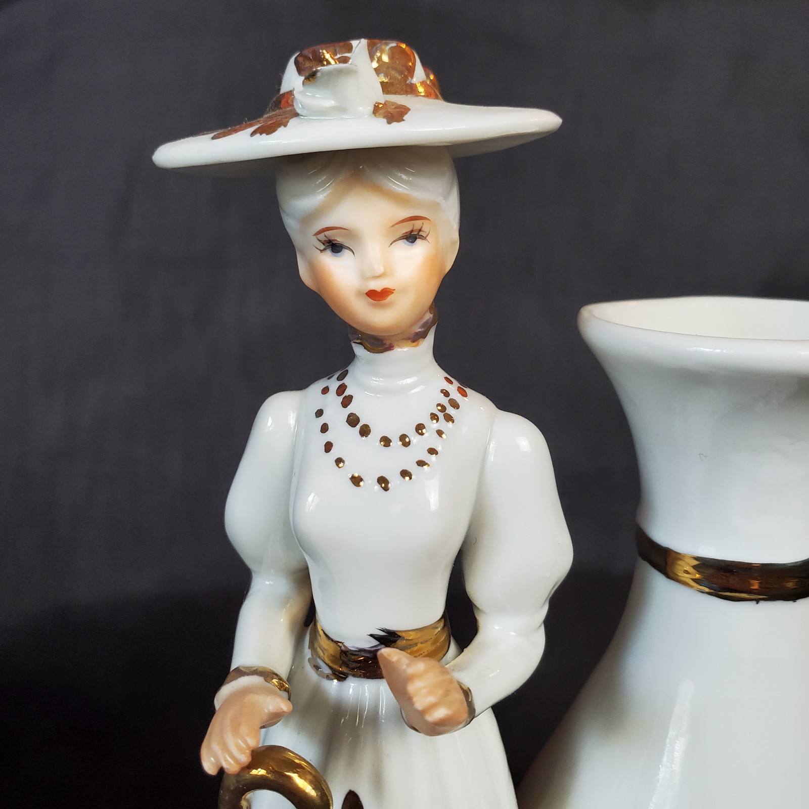 Vintage Worldgift Porcelain 1900s Lady Figurines with Bud Vase Hand Painted Gold