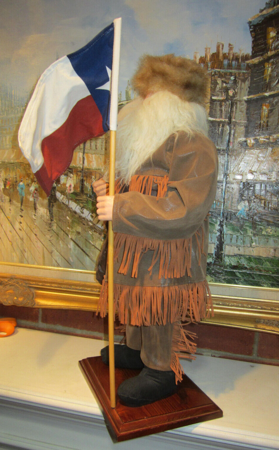 Custom Made 22″ Western Texan (or Santa) Holding Texas Flag On Wood Base Unique