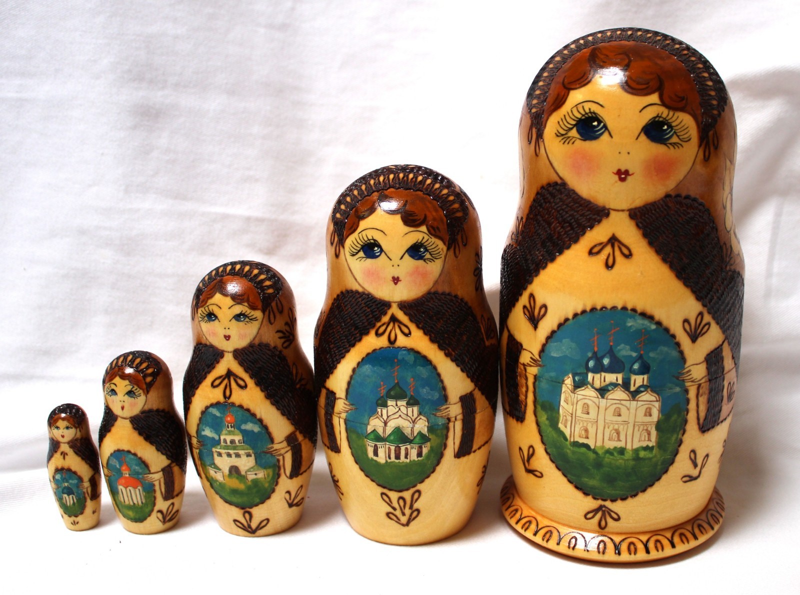 Vintage 1990s Russian Nesting Doll Hand Painted, Wood Burnt, Signed #171-172