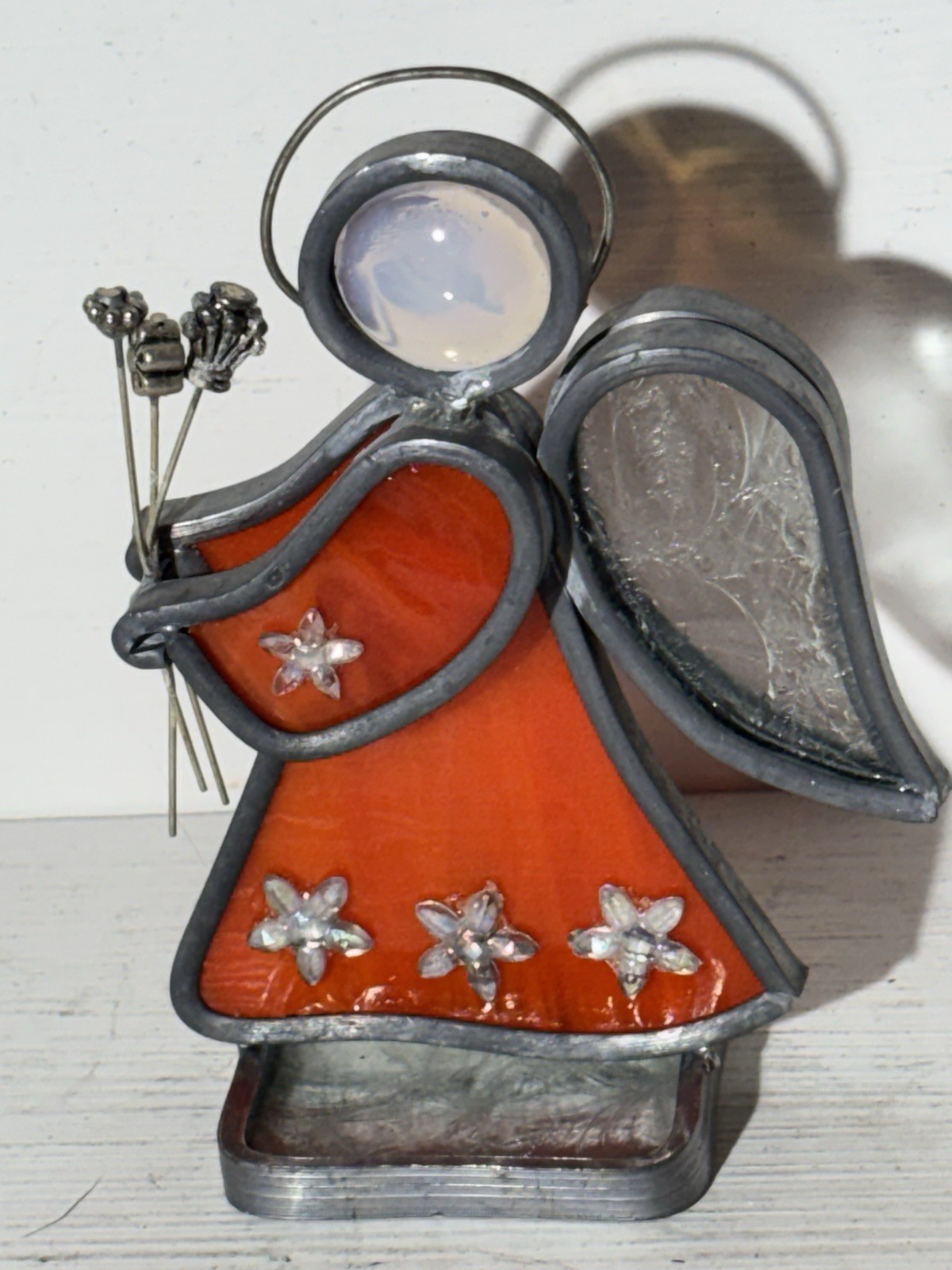 STAINED GLASS Red Angel Holding Metal Flowers Free Standing Home Decor