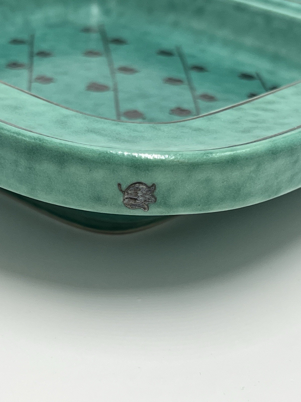 MCM W. Kage Swedish Ceramic Tabletop Square Bowl Sterling Silver Flowers Teal