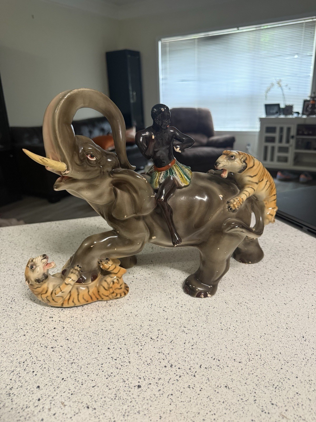 Vintage Man on Elephant Fighting Tigers Large Ceramic Made in Portugal Rare Find