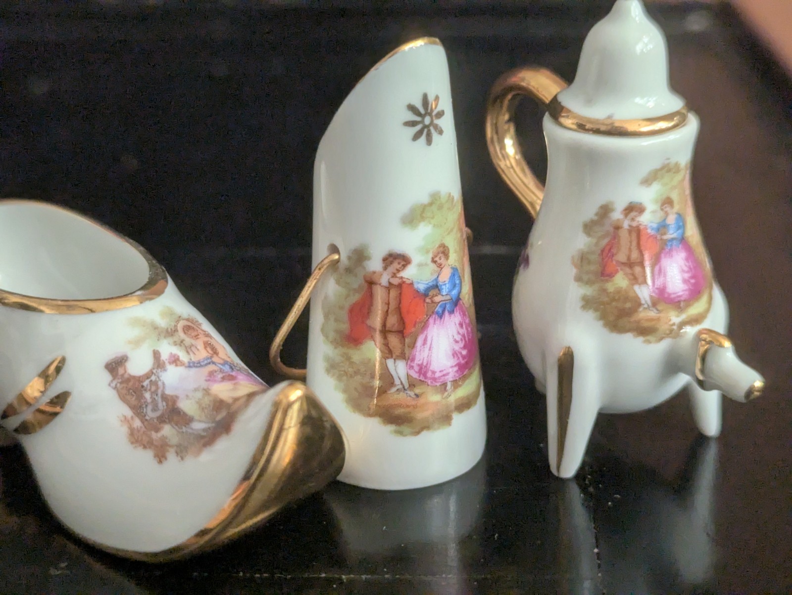 Lot Vtg Limoges France Porcelain Miniature Courting Couple Rococo Shoe Vase Tea