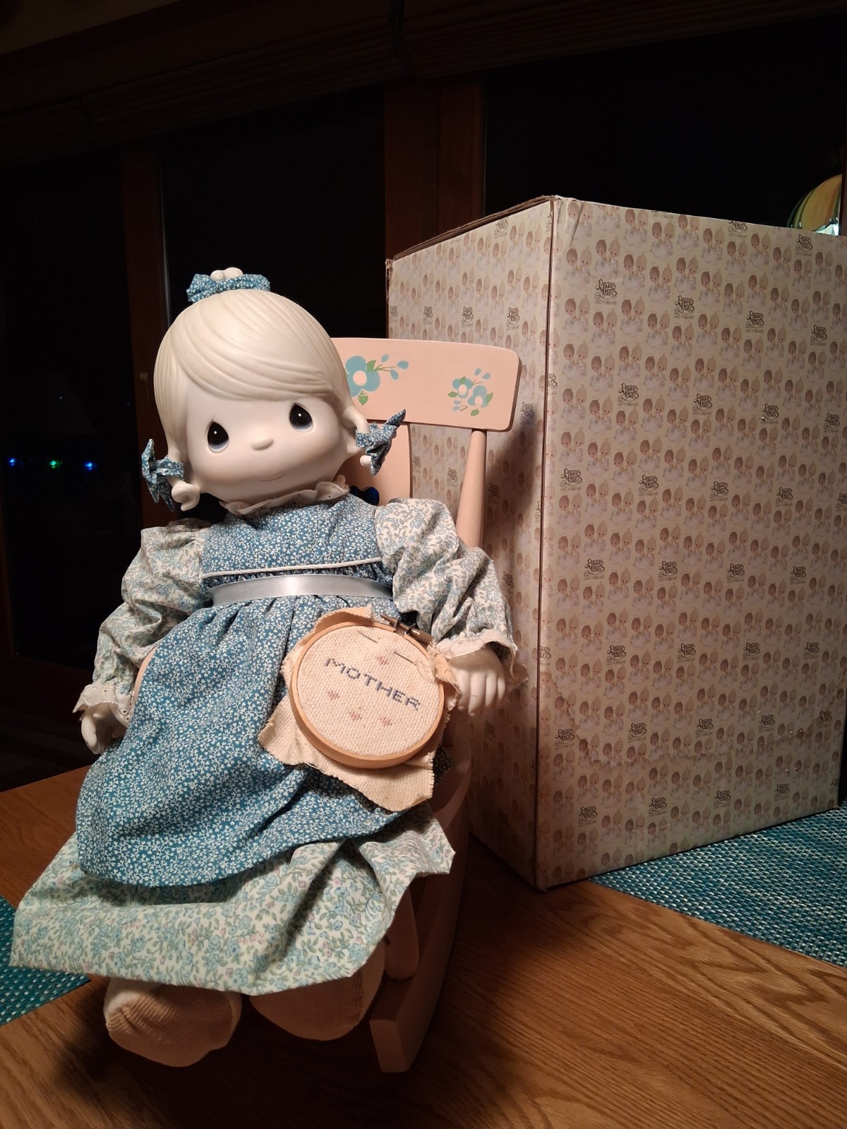 Precious Moments Mother Sew Dear 18″ Porcelain Doll w/ Rocking Chair & Box