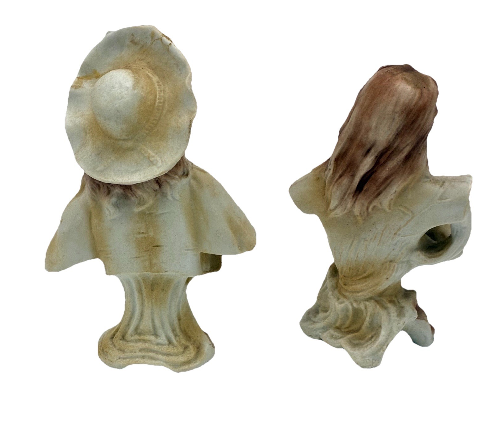 Antique 2 Small French Ceramic Busts Victorian Women Figurines Hand Painted READ