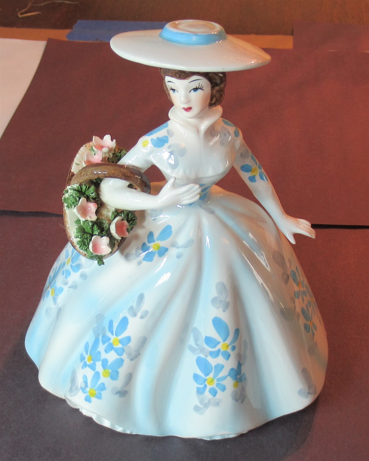 Vintage Lefton Porcelain Victorian Lady in Blue Flower Basket Hat Figurine #1859