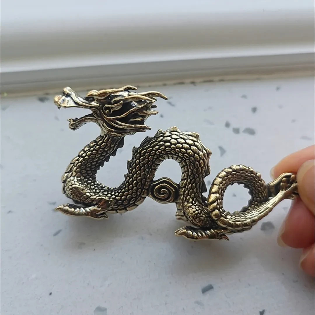 3.7 Solid Brass Vintage China Dragon Auspicious Statue Home Lucky Ornament Gift