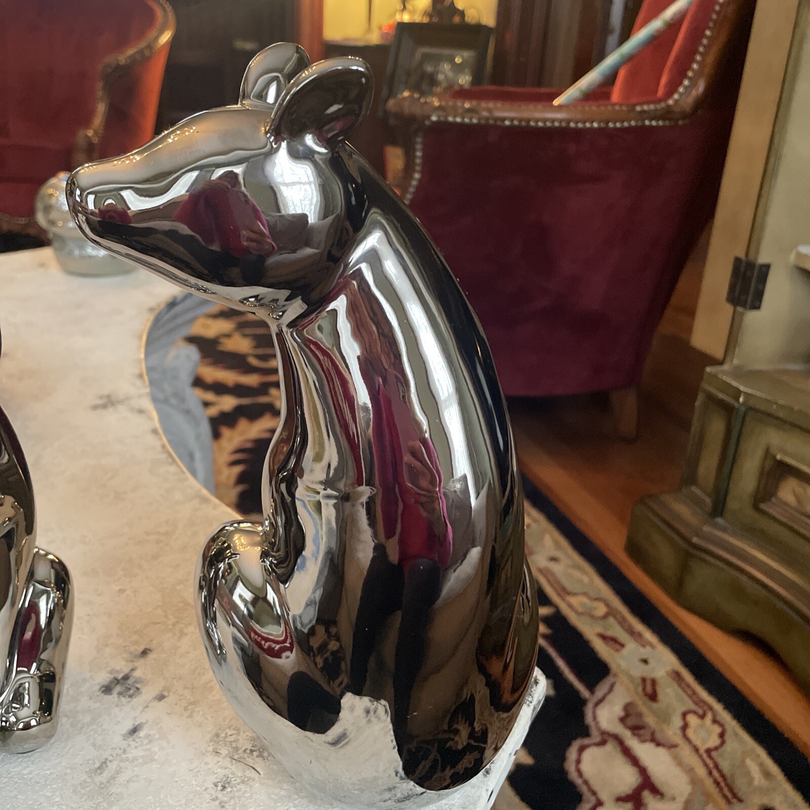 2 Vintage Jaru? Chrome Ceramic Bear Statues 10.5” 8” Mid Century Modern Metallic