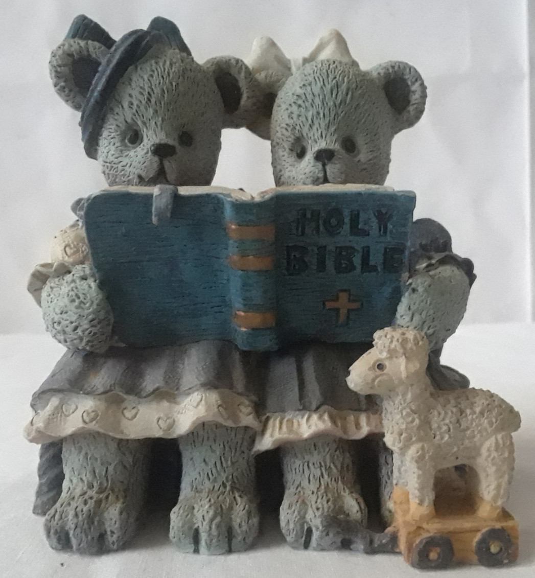 Berry Hill Bears Sharing the World Holy Bible Figurine Blue Tone Vintage 1997