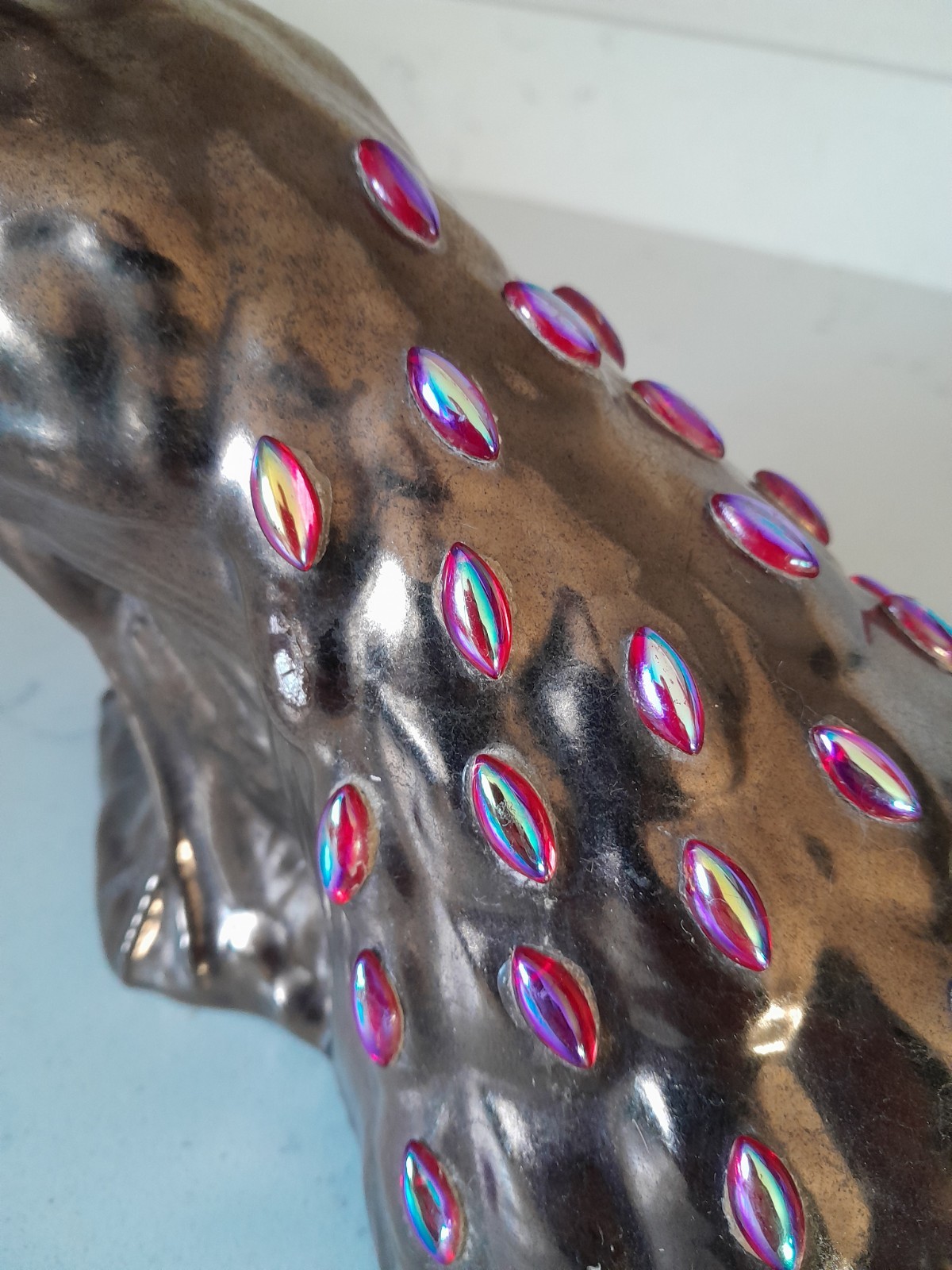 Unique Vintage Mid Century Hand Painted Jeweled Feathers Peacock Ceramic Statue