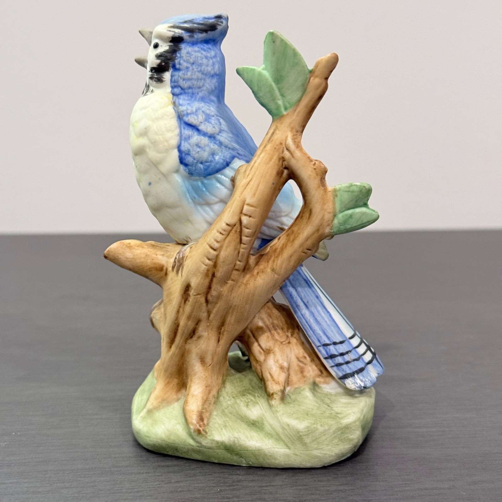 Vintage Blue Jay Porcelain/Ceramic Figurine on Tree Stump w/ Flower