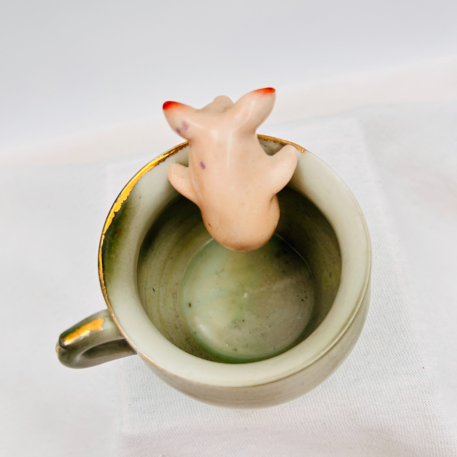 Antique Fairing German Porcelain Pink Pig In A Teacup Cup Figurine EUC