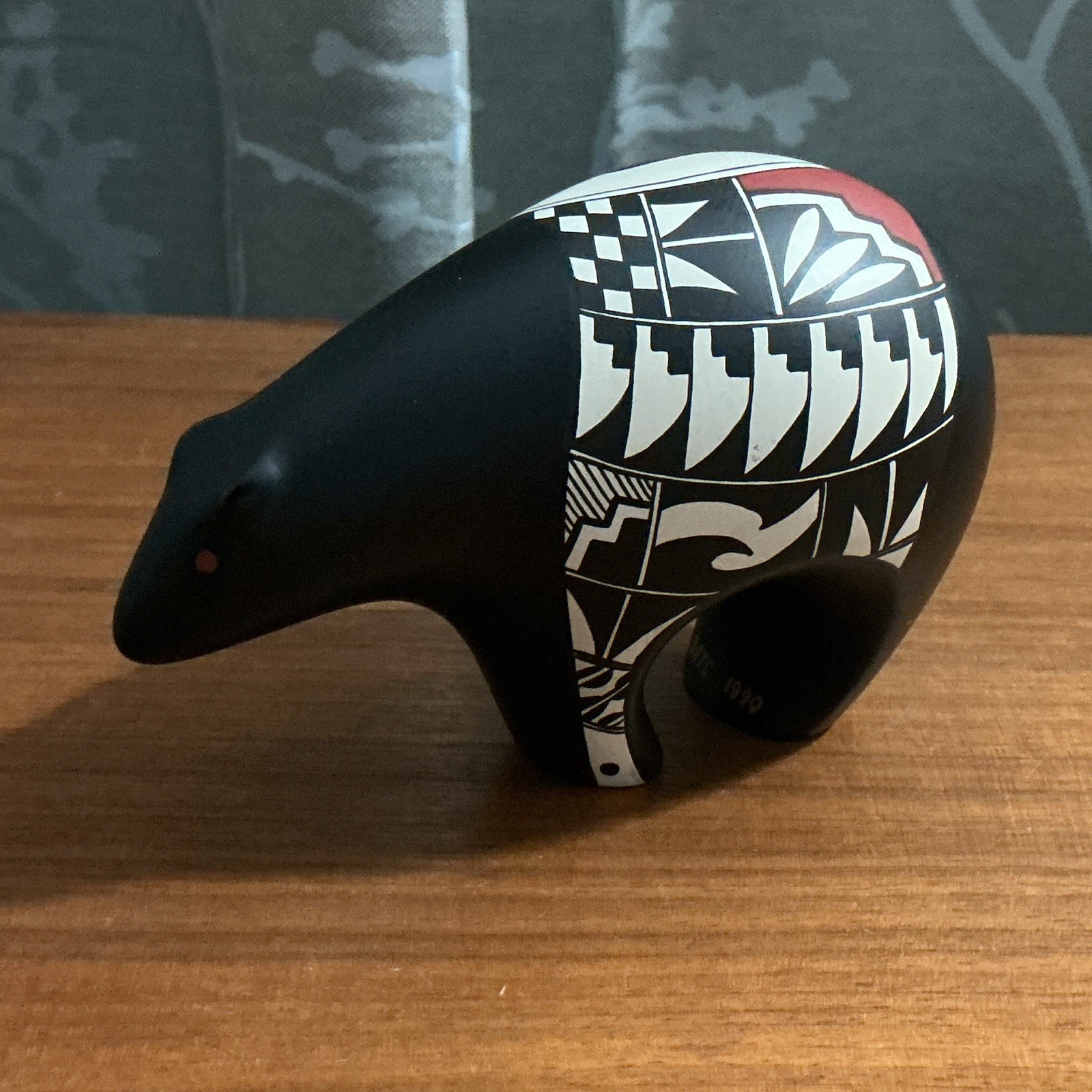 Hand Painted Matte Ceramic Bear Figurine Black White Red Geometric Pattern 1990