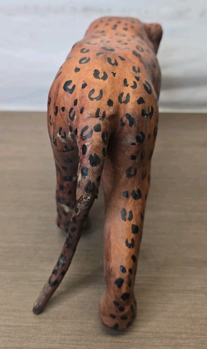 Vintage Leather Wrapped Jaguar Leopard Panther Cheetah Whiskers Teeth Glass Eyes
