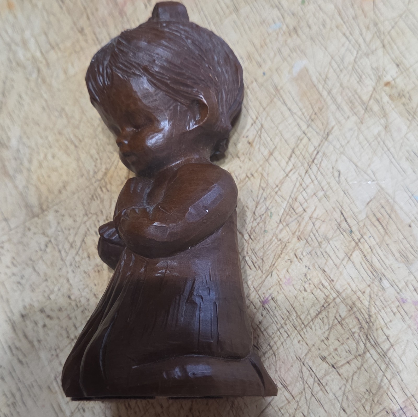 Brown Carved Wooden Praying Girl Figurine Glossy Finish Religious People
