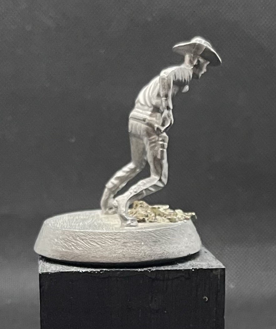 Metal Cowboy Gold Miner Prospector Statue Pewter? Cast 3” H Gold Nuggets Base