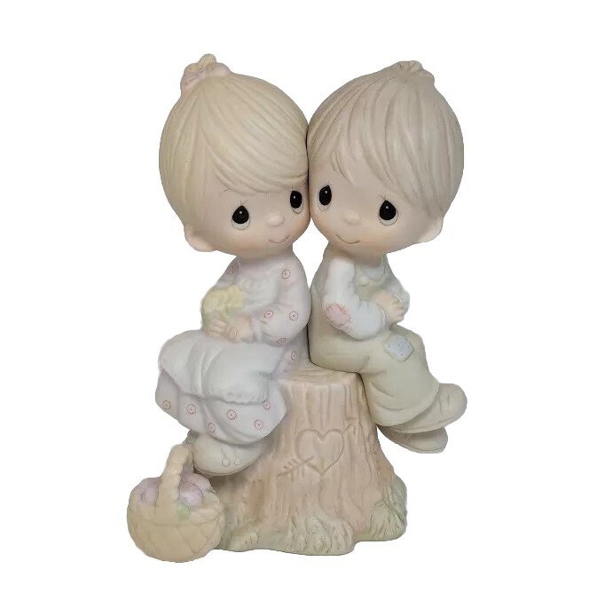Precious Moments 1978 Love One Another E-1376 Boy Girl Tree Stump Basket Vessel