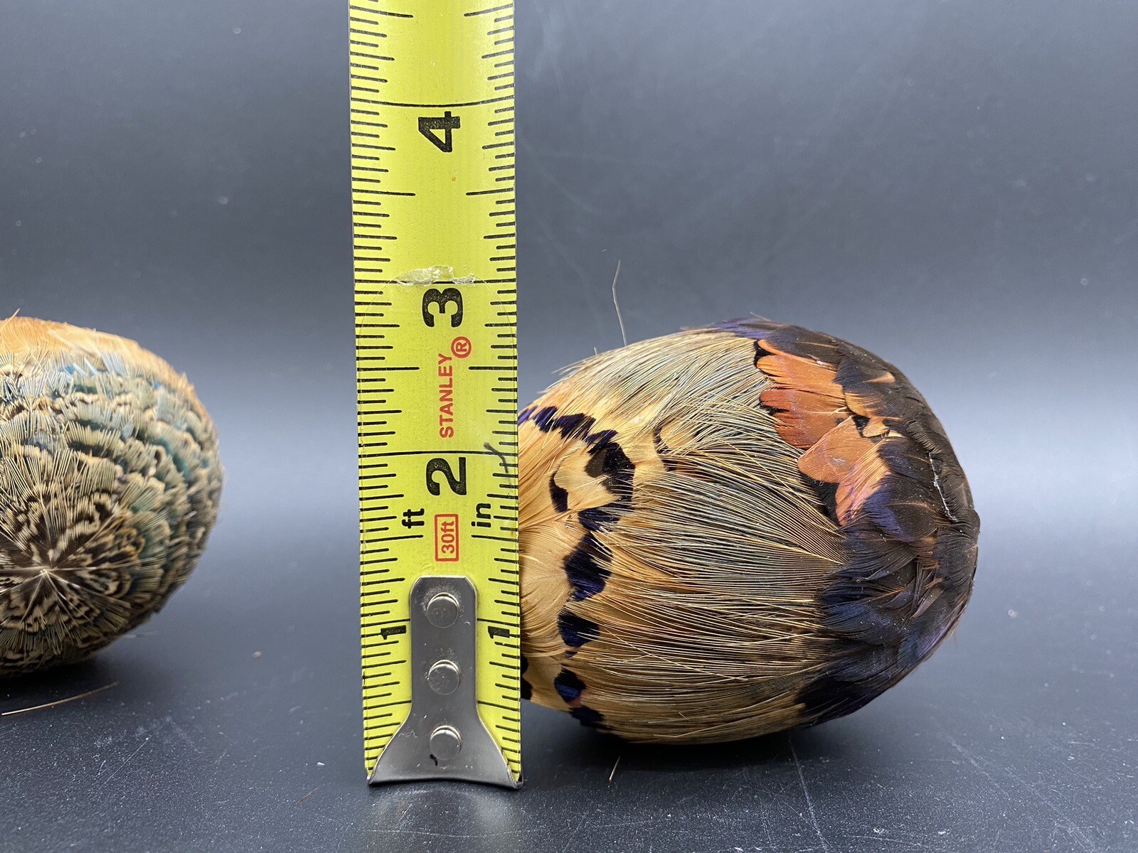 Pheasant Feather Covered Eggs Vintage Brown Multicolor Set Of 4