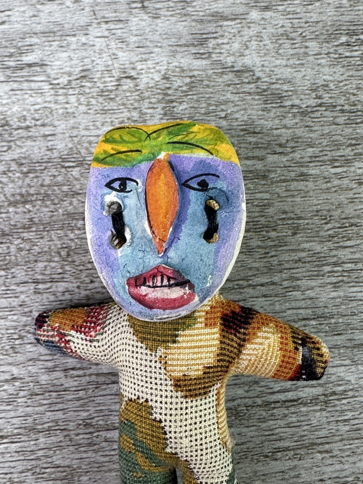 Unique Artisan Folk Art Abstract Figure Brooch Pin Textile Mixed Media Doll 1992