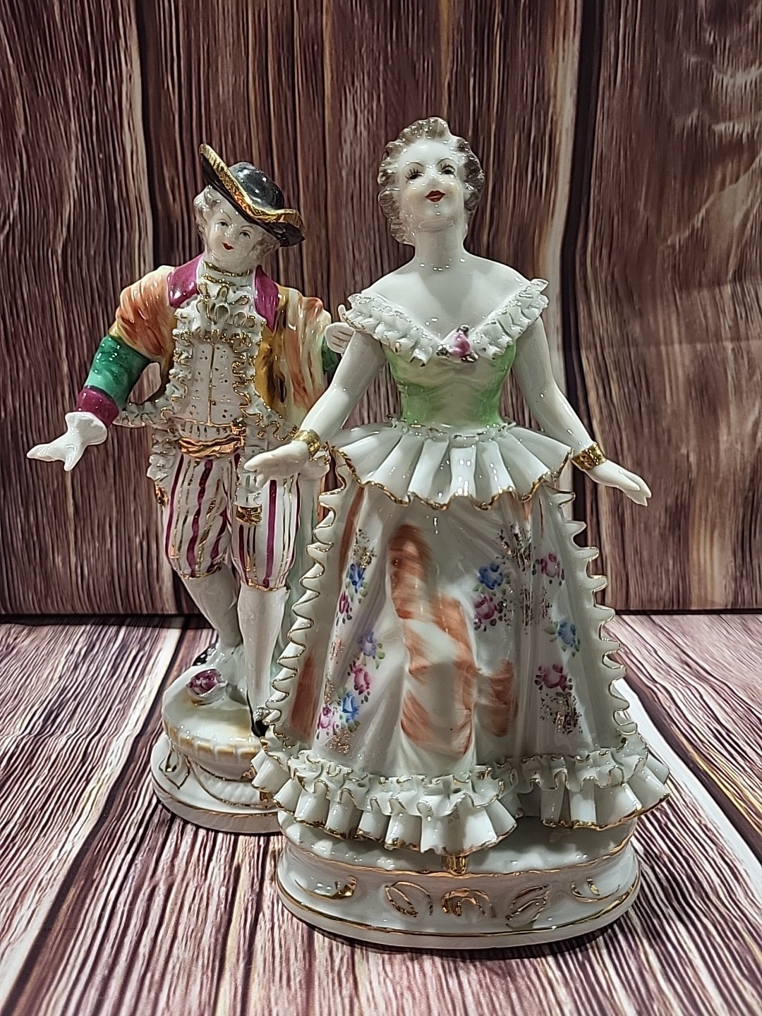 Vintage Figurines Victorian Renaissance Couple 8″ Tall Marked Crossed Sword Chip