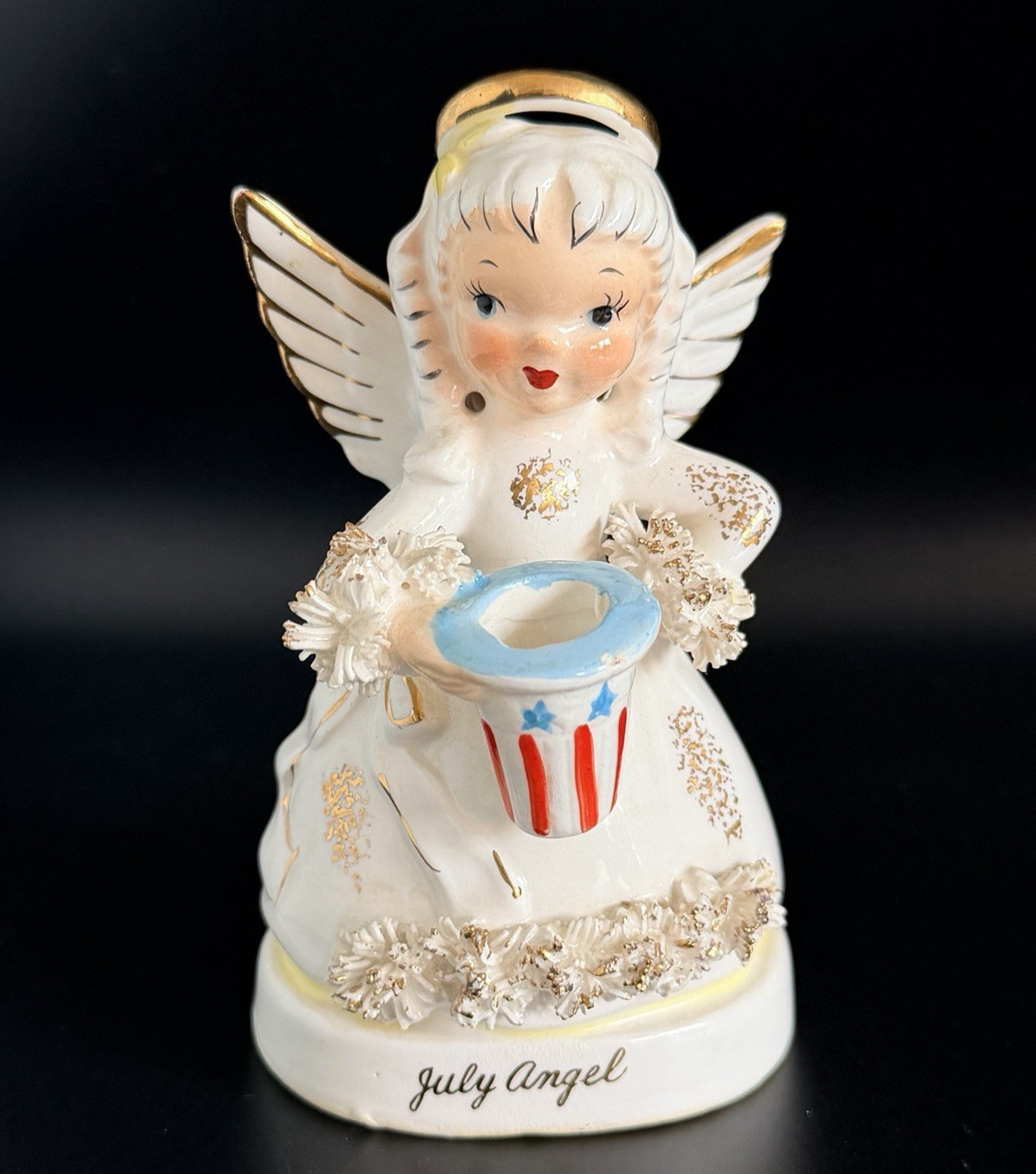 Vintage NAPCO 4th Of July Girl Angel Gold Spaghetti Trim A1367 Candle Holder