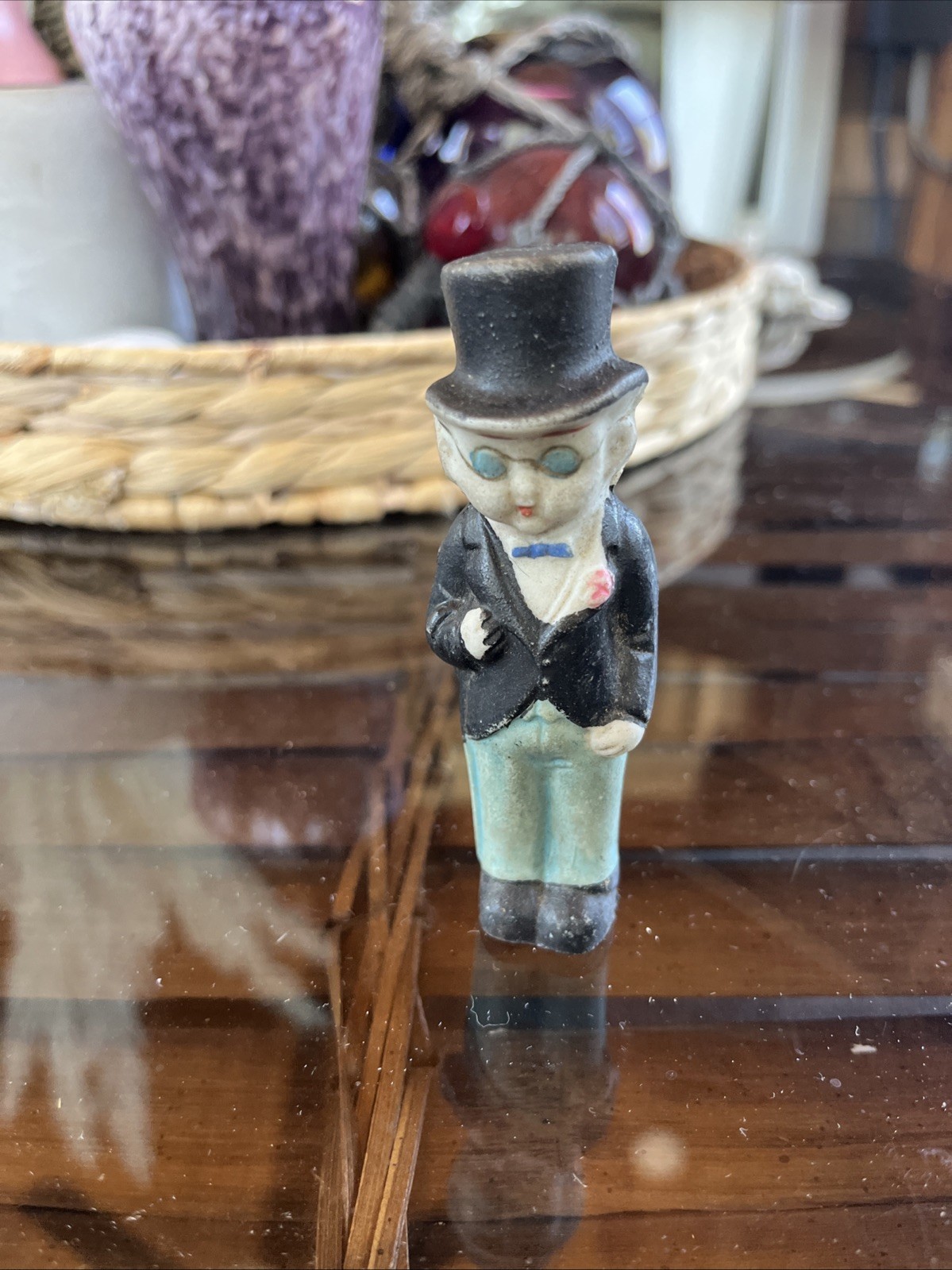Vintage Bisque Doll Man Black Suit Top Hat & Glasses