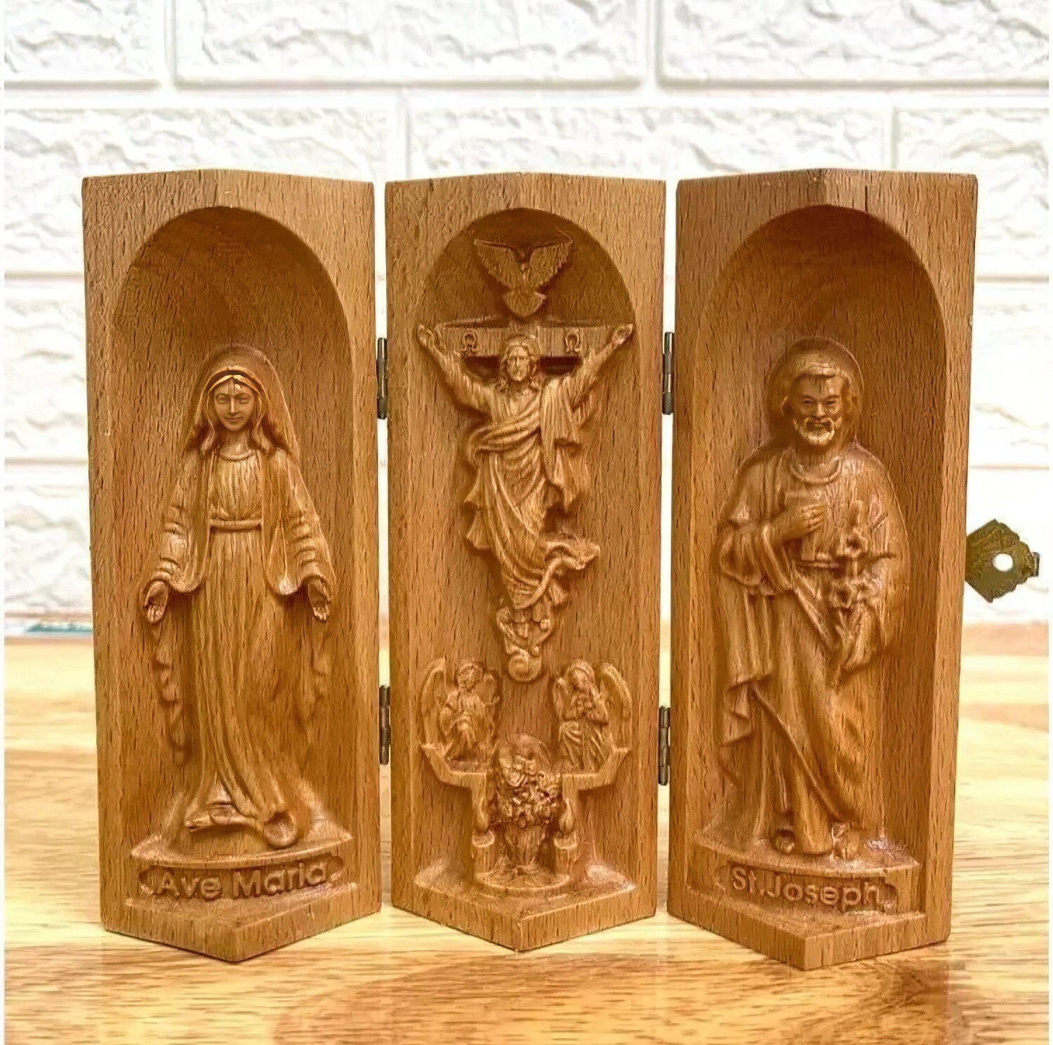 Catholic Wooden Art Set – St. Cecilia, Jesus Holy Family, Christian Altar Sets
