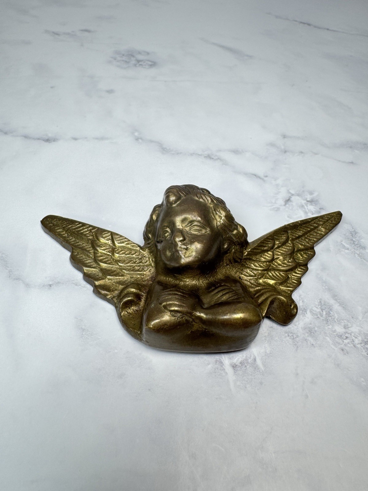 Vintage Brass Angel Cherub Wall Hanging Boudoir Whimsical Sculpture Figurine 5″