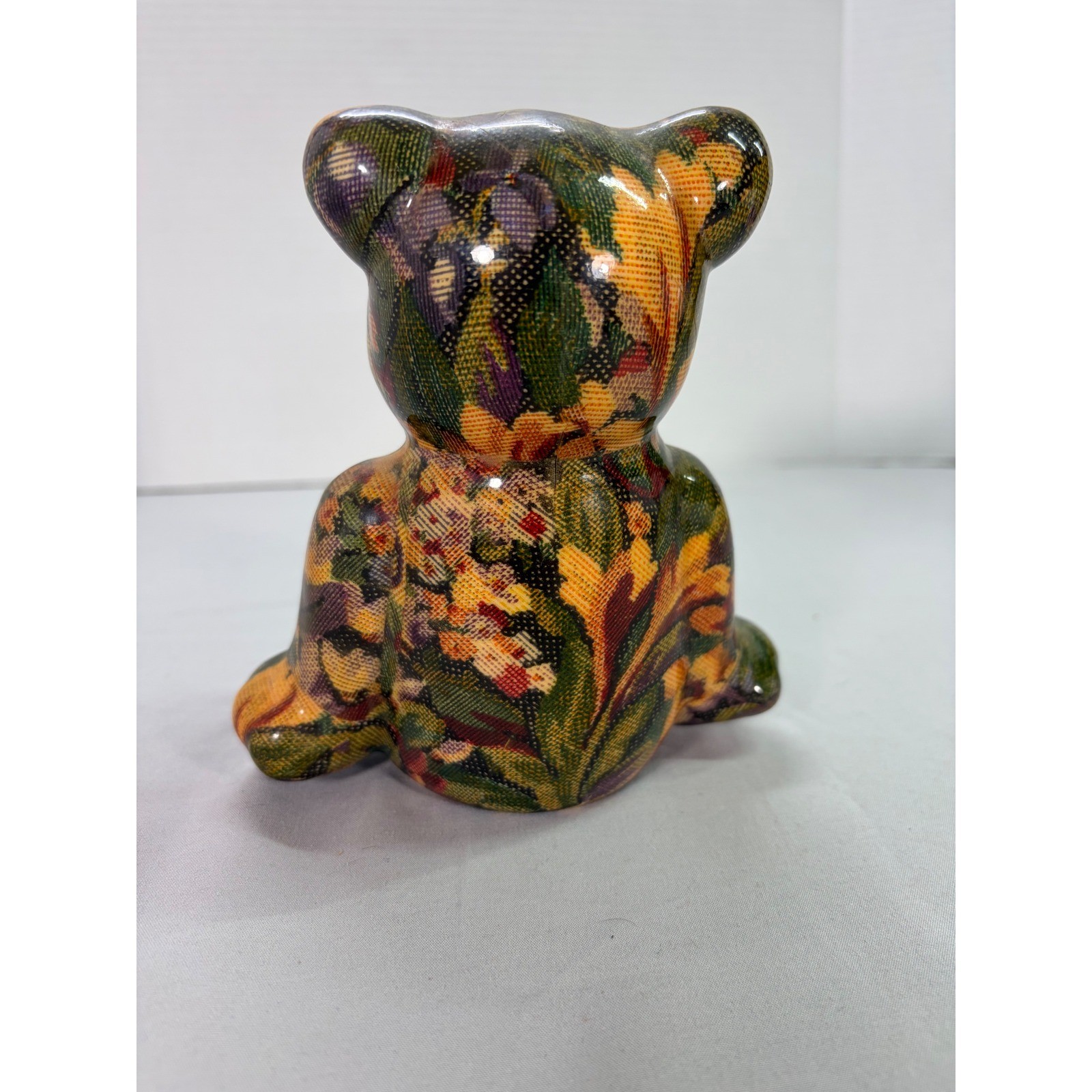 Vintage Joan Baker Floral Patchwork Teddy Bear Tapestry Figurine Cottage Core