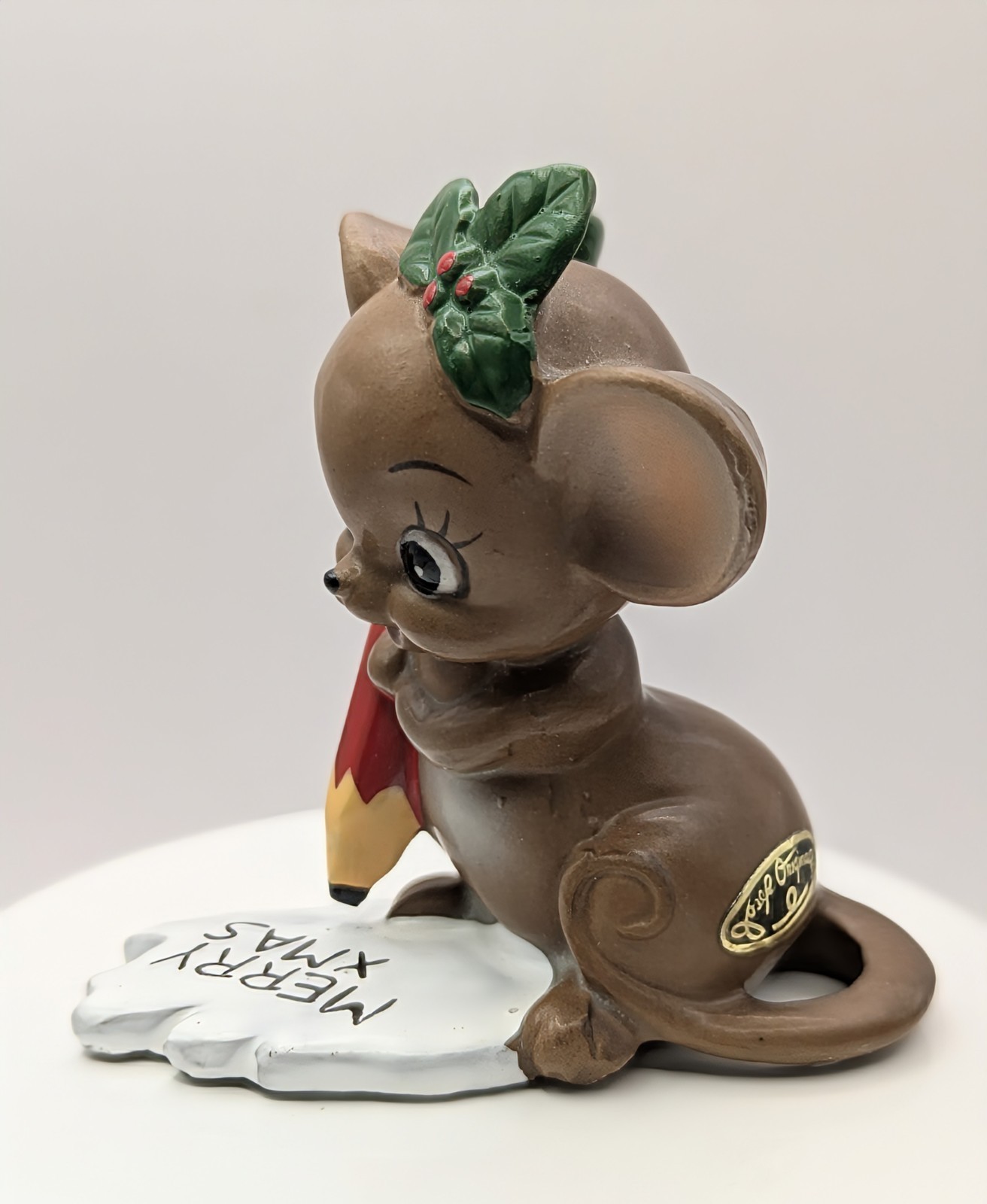 Vtg Josef Originals ‘Merry Xmas’ Christmas Mouse Figurine w/Foil Label 2.75″