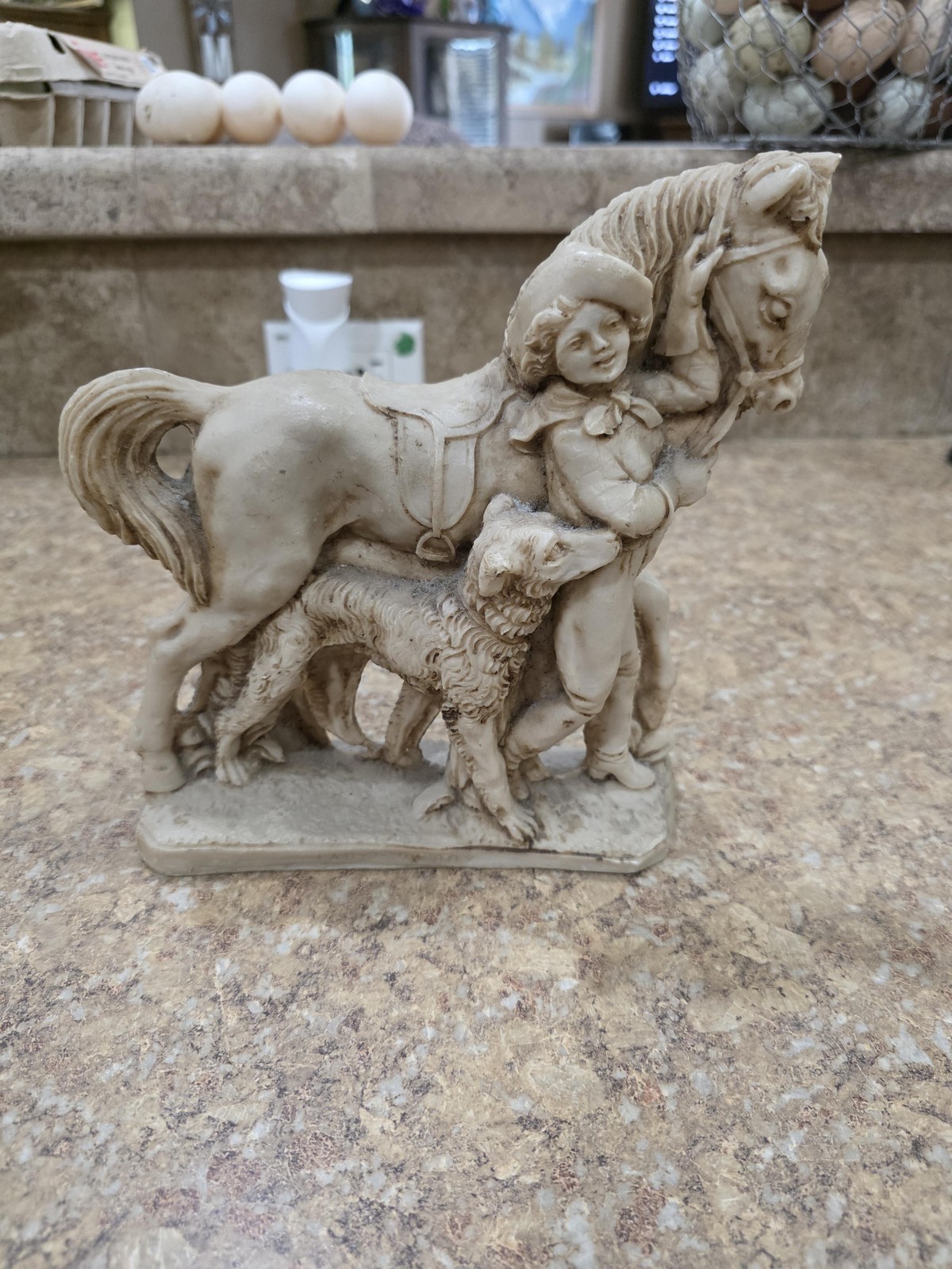 Unmarked Beige Stone Horse Dog Boy Medium Size Figurine Hecho En Mexico Western
