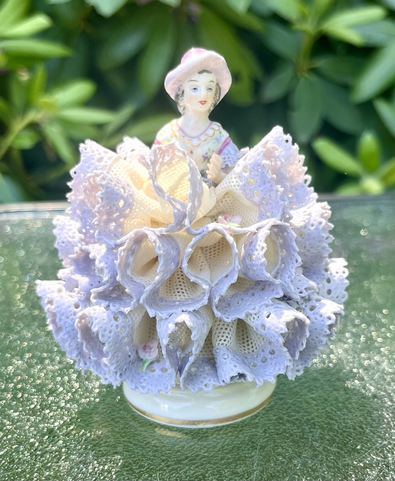 Vintage MZ Irish Dresden Lydia Violet Lace Porcelain Figurine w/Fan 3.75” Mint