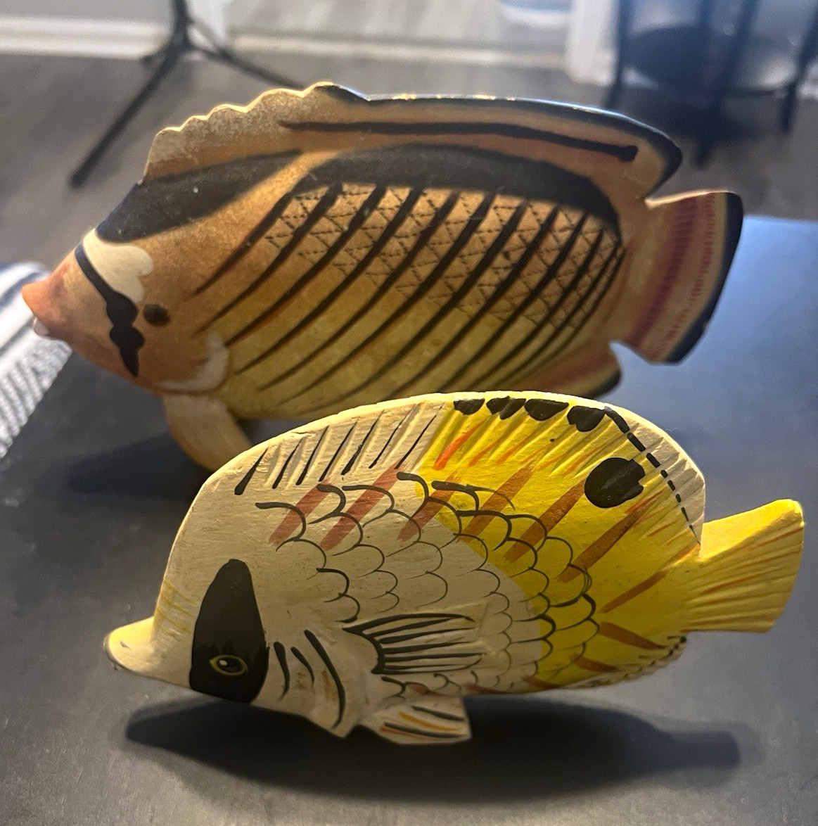 Hand-Painted Carved Wood Fish Figurines Set of 2 Signed Jamaica 1991