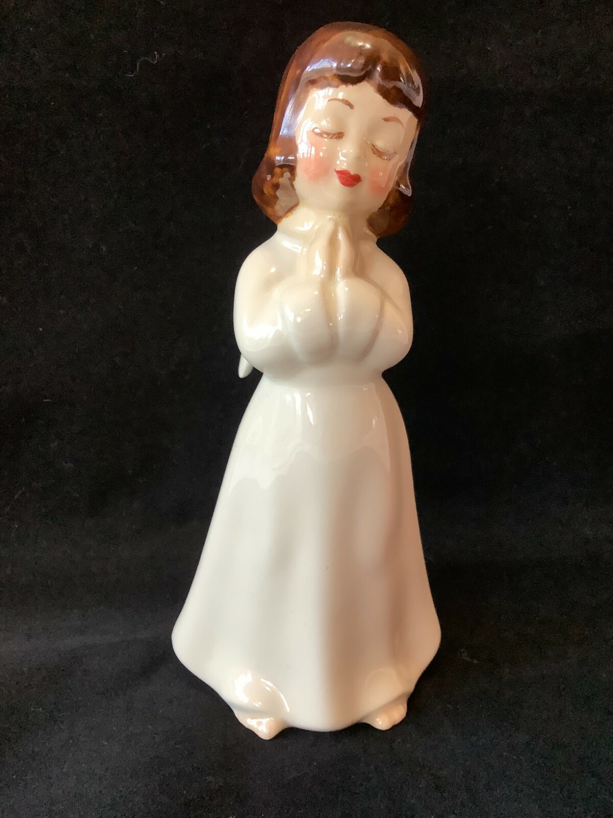 Vintage Ceramic Pottery Angel Figurine with Praying Hands and Dark Hair