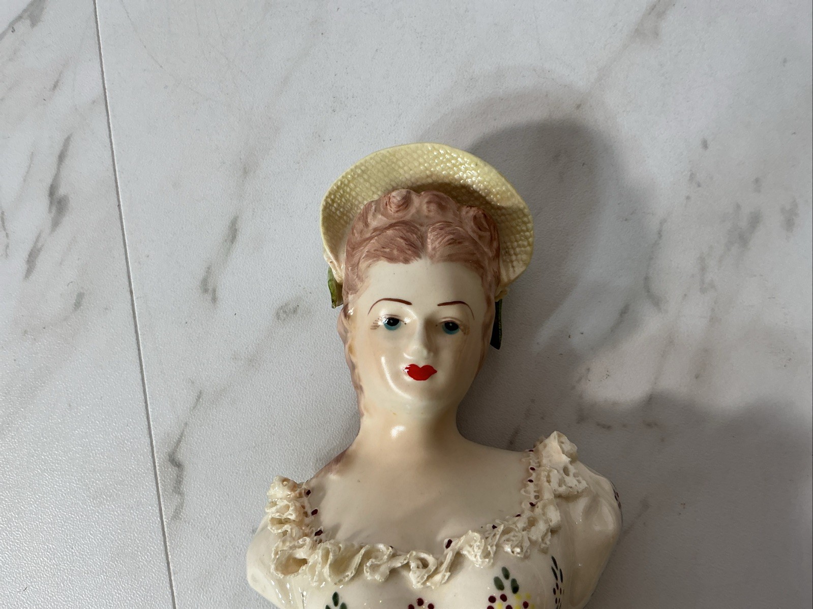 Vintage Porcelain French Victorian Lady W/Hat Bust Figurine 7″~Ruffled Porcelain