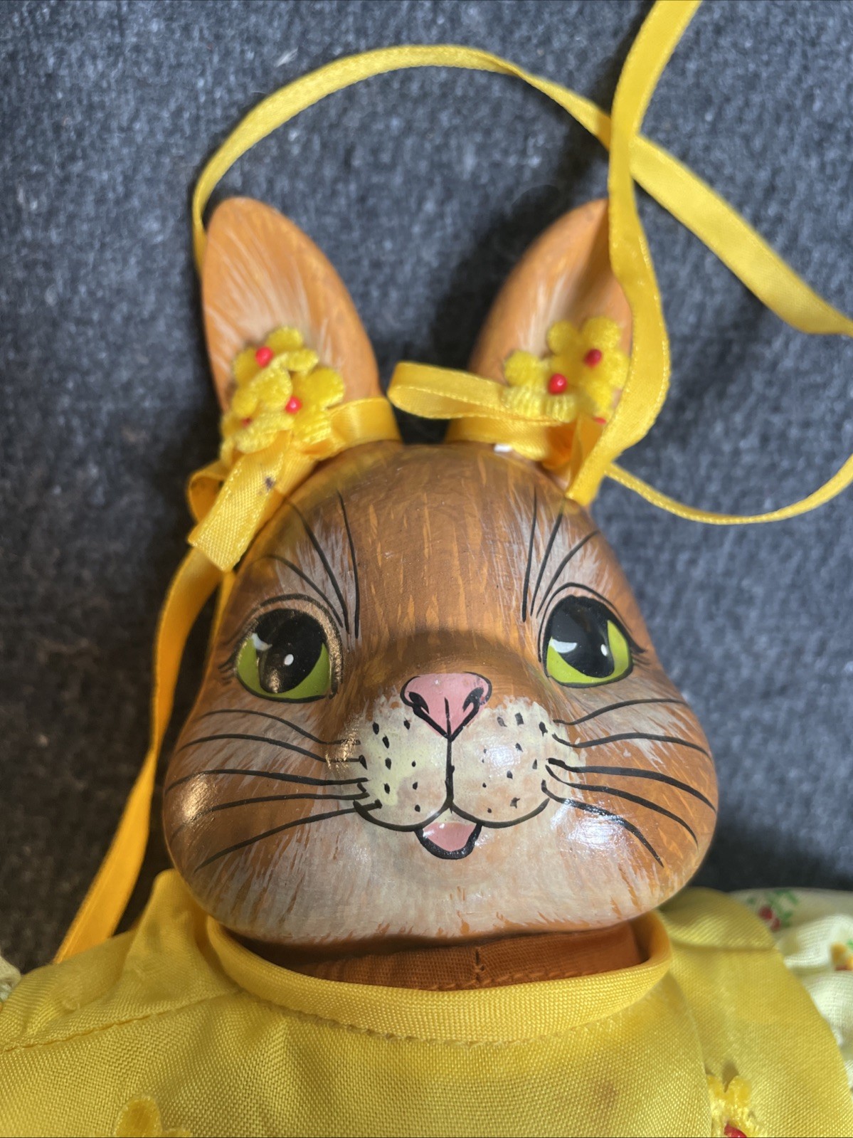 Rabbit Bunny Easter Doll Figurine Shelf Sitter Ceramic Head Spring Yellow