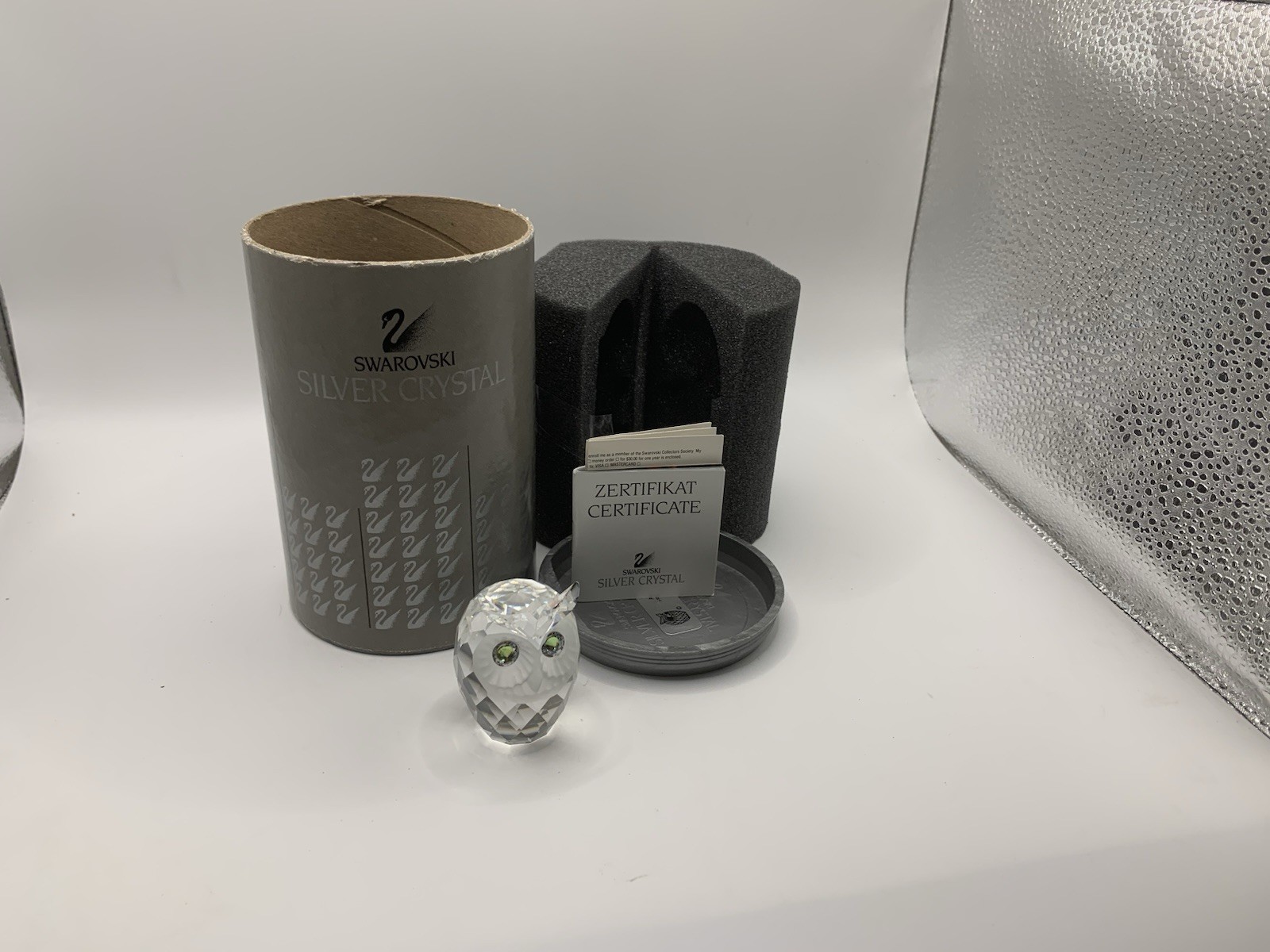 Swarovski Silver Crystal Owl Figurine Shiny Clear Crystal Green Eyes Boxed