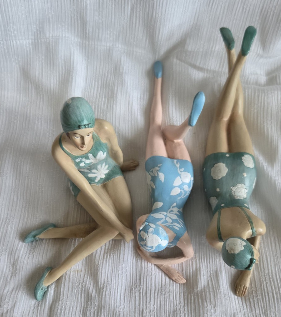 3 Art Deco Bathing Beauty Figurines Teal Blue Flower Swim Suit Retro Beach Babes