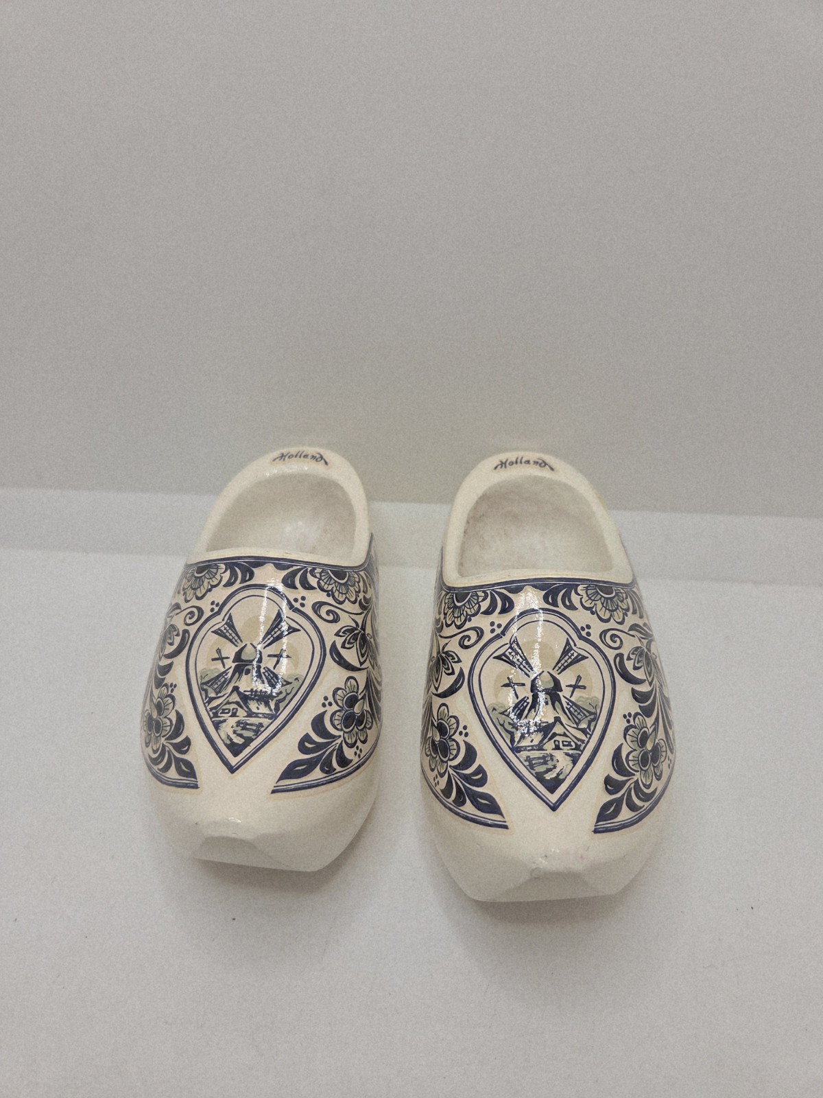 Vintage Holland Wooden Clogs Pair Blue White Hand Painted Dutch Souvenir Shoes