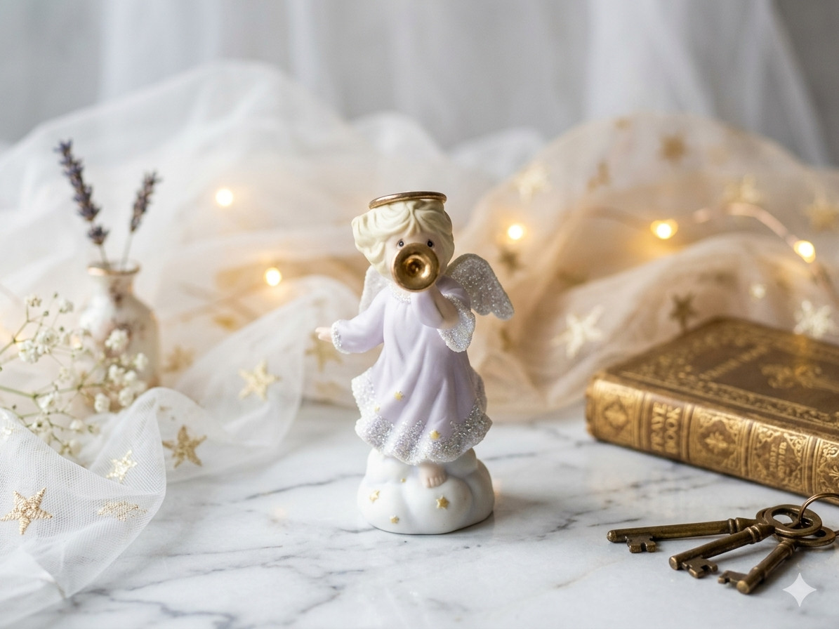 Enesco Heavenly Kingdom 1994 Porcelain Angel with Trumpet Shimmer Stone Star