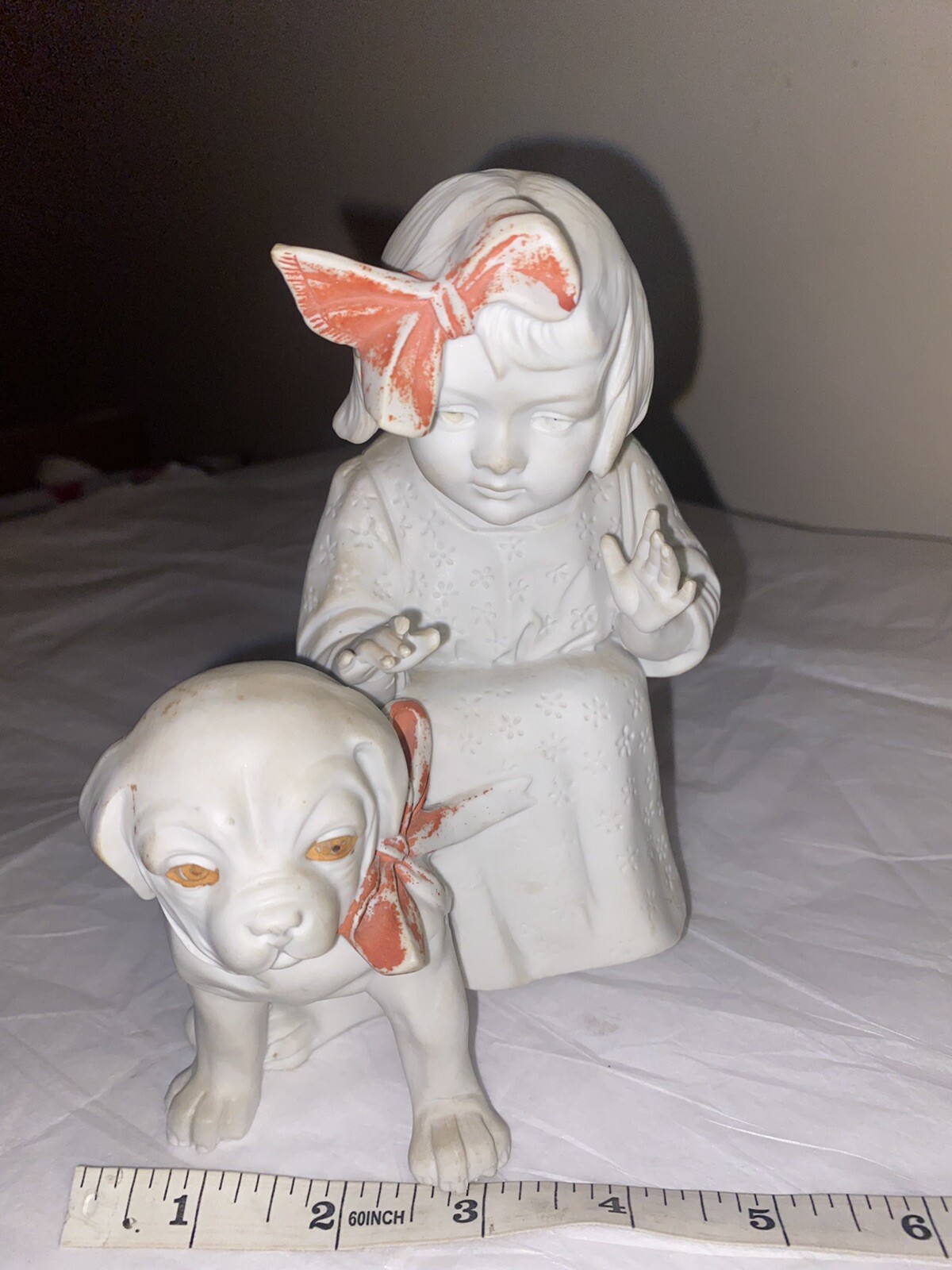 7” Vtg German Carl Schneider Bisque Porcelain Little girl dog Puppy Ceramic
